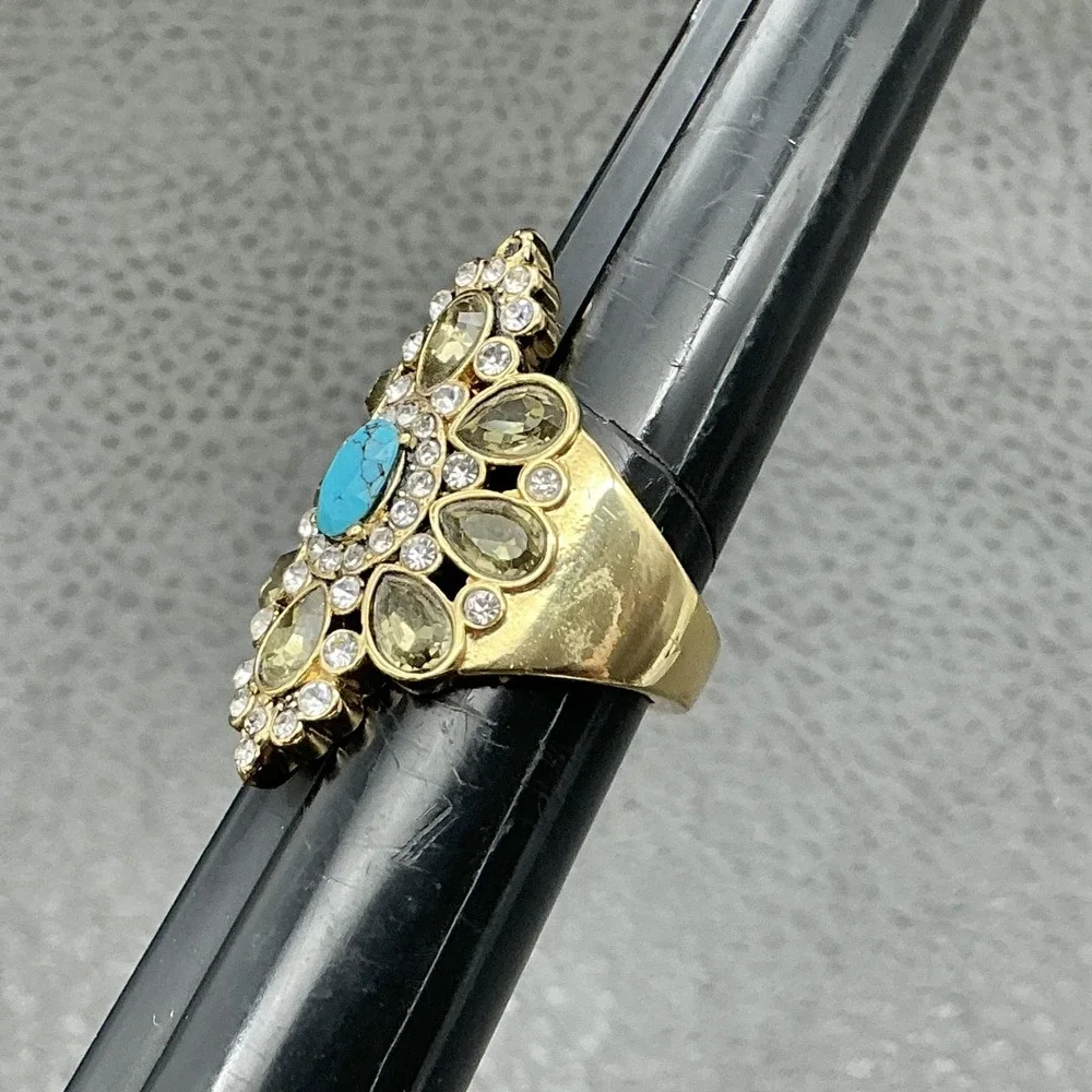 Ring Size 8 Gold Tone Turquoise Rhinestone Cocktail Statement‎ Teardrop Costume